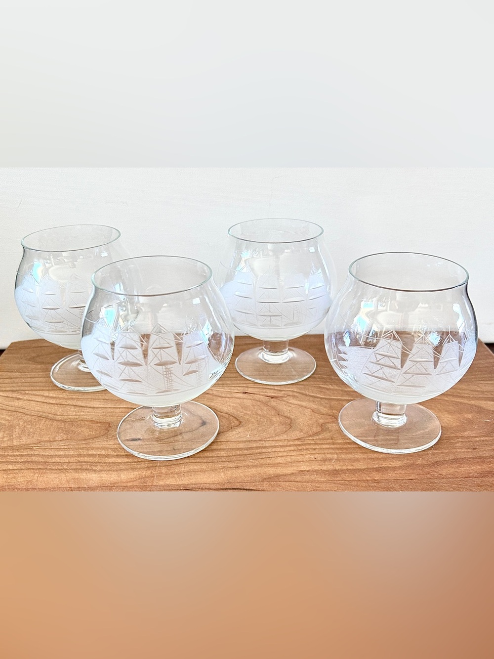 VTG Toscany 70s Crystal Brandy Snifters Frosted Etched Clipper Ship SET OF 4